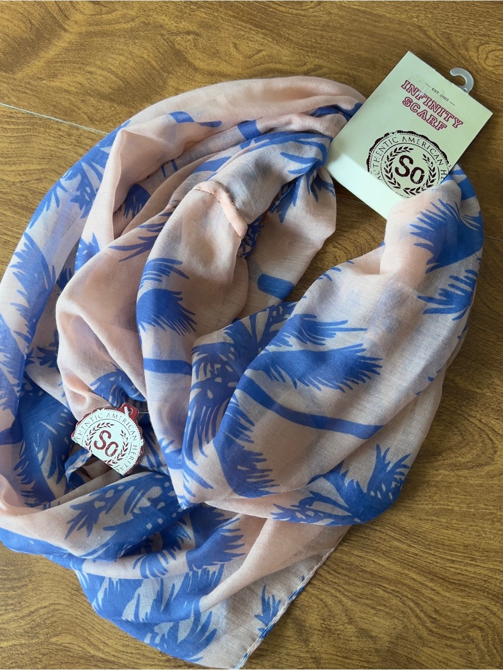 SO Women’s Blue Peach Coconut tree Pattern Lightweight Infinity Scarf NWT